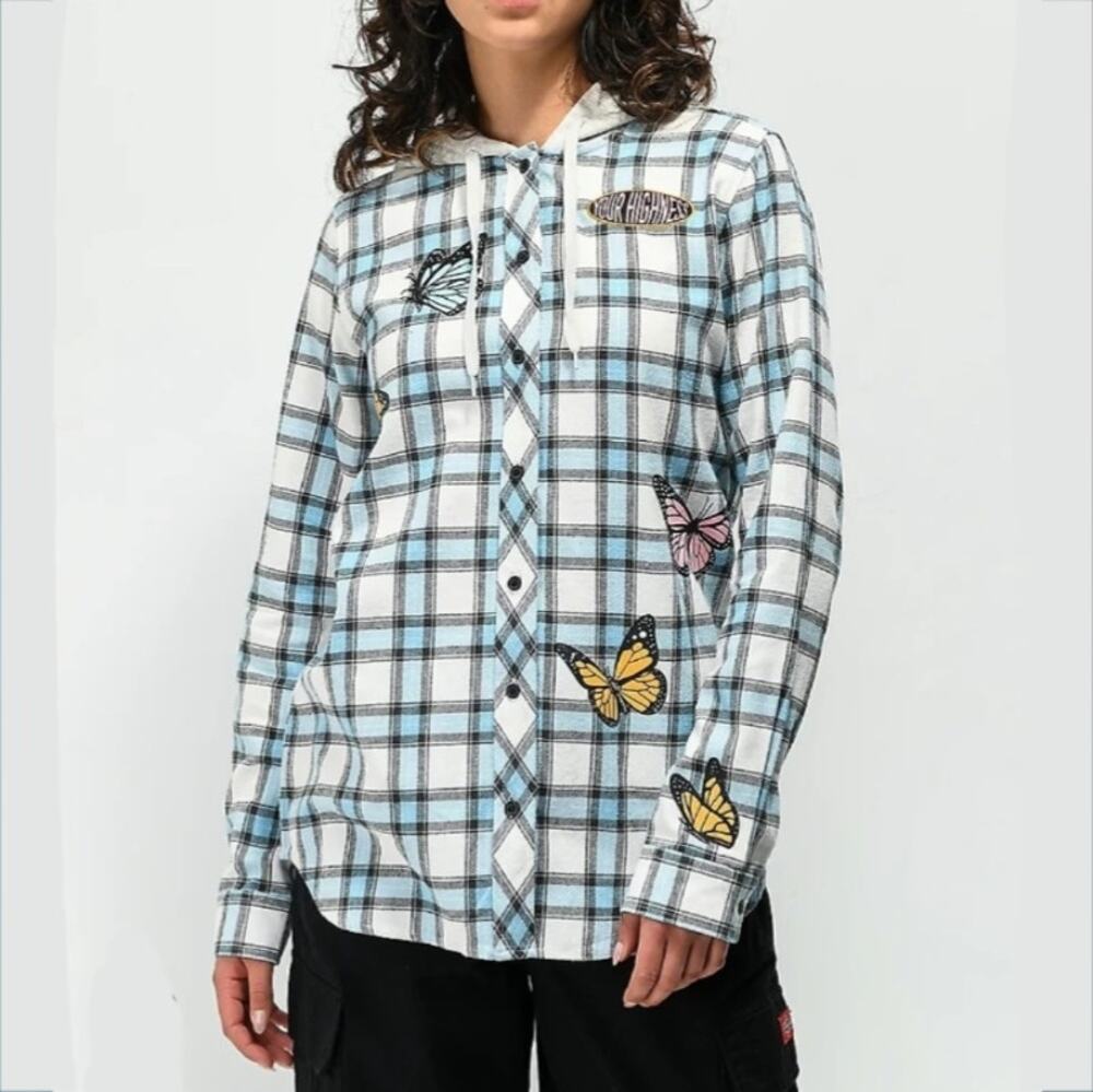 Women Zumiez Your Highness Flannel Hoodie Shirt Jacket M Butterfly Soft Grunge